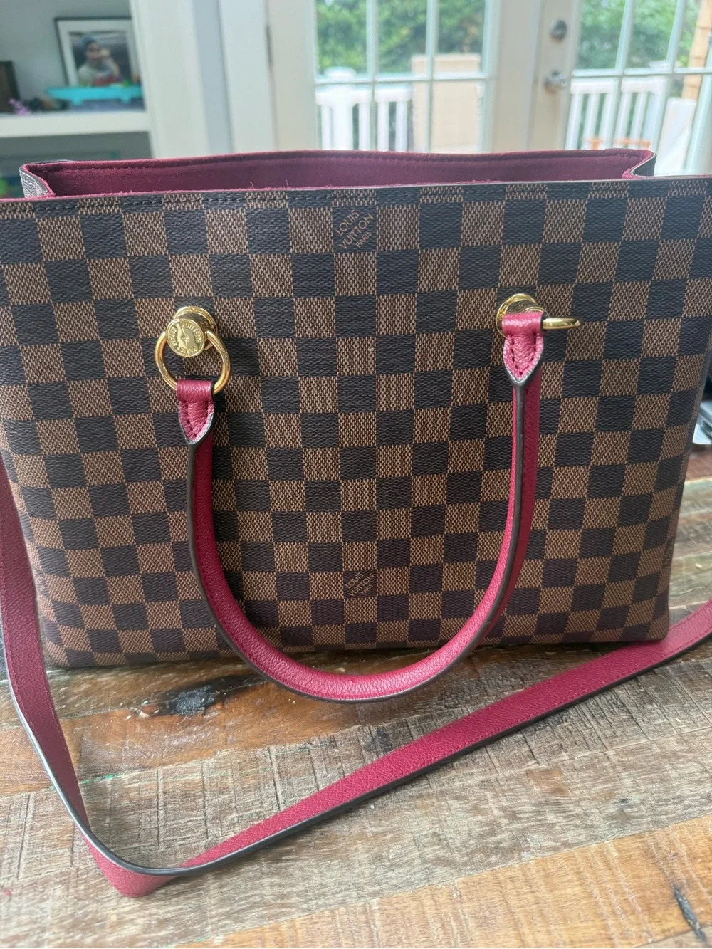 Louis Vuitton Riverside Damier Ebene Canvas Tote with Burgundy Trim - Picture 5 of 8